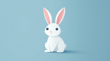 Obraz premium Cute white bunny illustration with pink ears on light blue background for easter or spring themes