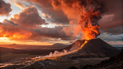 Fototapeta premium Volcanic Eruption Fiery Lava, Ash Plumes, and Raw Elemental Power V1