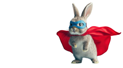 Superhero rabbit wearing mask and cape on transparent background