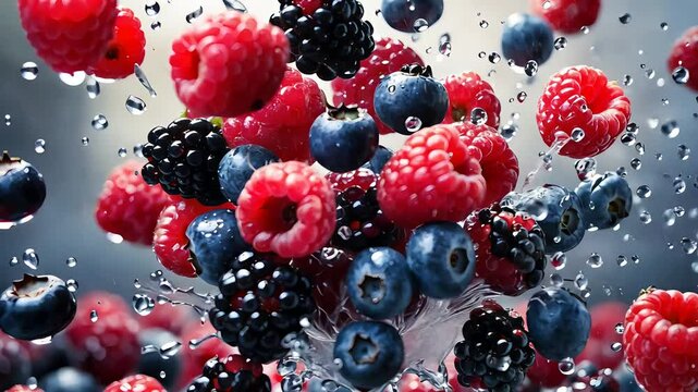 Close-up of fresh mixed berries splashing into water with droplets in motion
