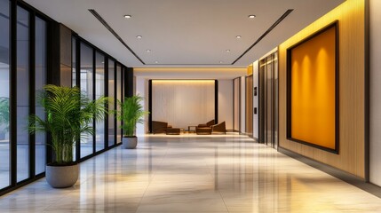 Fototapeta premium Modern hotel lobby featuring stylish seating, vibrant decor, and large windows with greenery