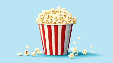 Popcorn in red and white striped box on blue background for movie night or cinema snack designs