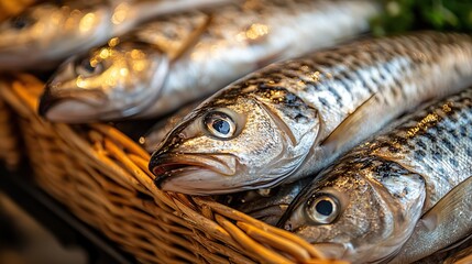 feeding the multitude fresh fishes in a wicker basket on a wooden background close up
