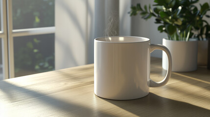 Obraz premium Plain white mug on a wooden table with warm sunlight