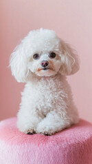 White poodle dog sitting on pink furry surface, showcasing fluffy texture and calm demeanor, representing pet companionship and gentle beauty