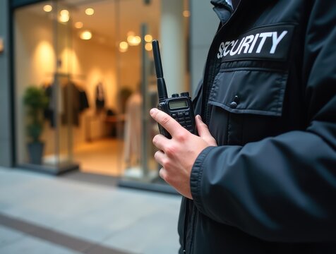 Security guard holding walkie-talkie near luxury store