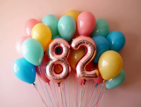 Colorful balloons forming the number eighty-two for an eighty-second birthday party