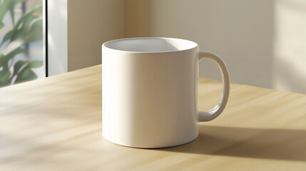 Obraz premium Plain white mug on a wooden table with warm sunlight