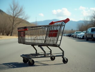 Abandoned shopping cart in empty parking lot with cars and mountains