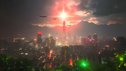 Fototapeta premium A Futuristic City with Skyscrapers and Illuminated Buildings Under the Sky