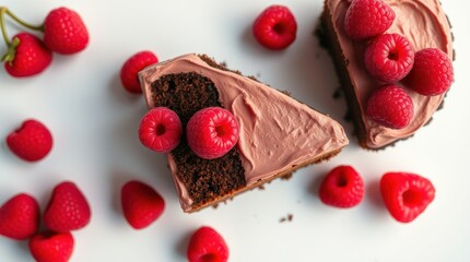 Delicious chocolate cake slices topped with creamy frosting and fresh raspberries, a sweet dessert delight.