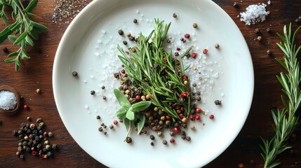 Rosemary, sage, peppercorns, and salt on a plate.