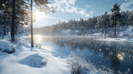 Fototapeta premium Snowy winter landscape, sunlit lake, snowfall, pine forest