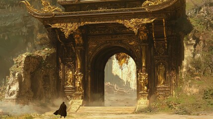 Majestic Ancient Gateway Surrounded by Lush Greenery and Mystique