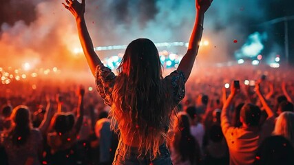 Embracing the Music: A woman with raised arms, lost in the vibrant atmosphere of a concert crowd, where the energy of the performance washes over her in a spectacle of light and sound.