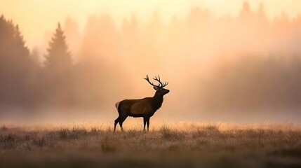 Majestic Deer Silhouette at Sunrise in a Foggy Forest
