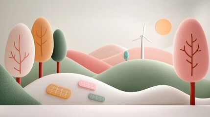 Abstract illustration of colorful trees and rolling hills in pastel colors