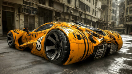 Orange Futuristic Sports Car on a Wet City Street