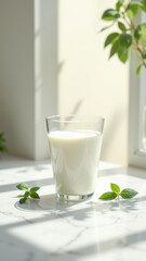 A glass of fresh A2A2 milk with sunlight filtering through a window, creating a cozy atmosphere.