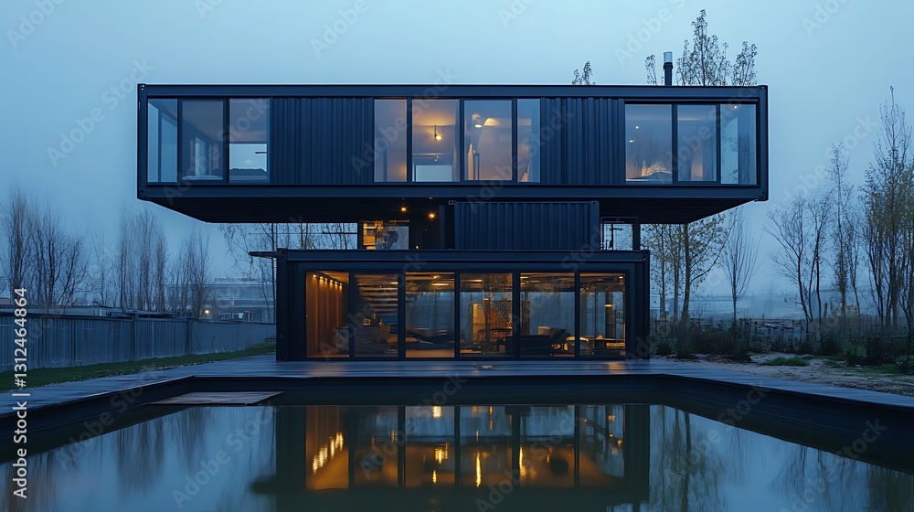 Poster a container home featuring a unique stacked design with glass floors and dark exterior panels, creat