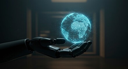 A robotic hand holding a hologram of Earth