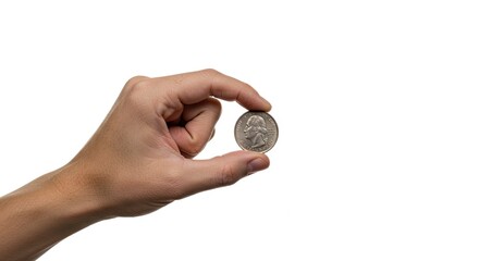 A hand holding a coin with a white background