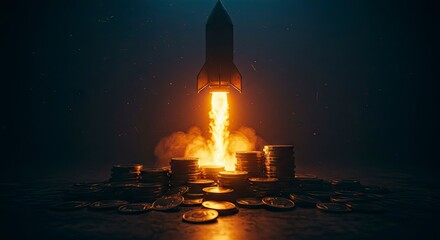 A rocket rising from a pile of coins