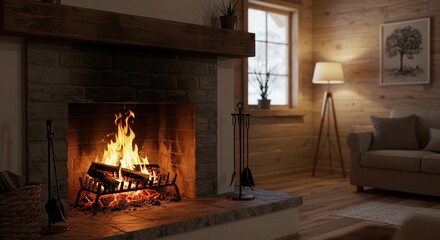 Cozy Fireplace with Burning Wood in Rustic Living Room Interior