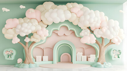 Dreamy pastel balloon decor in whimsical indoor environment