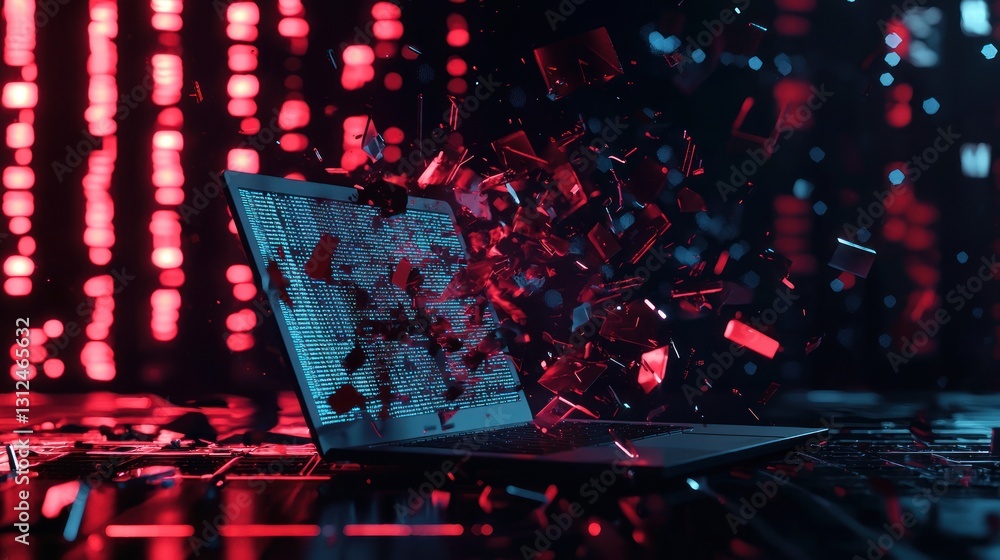 Poster shattered laptop screen with exploding digital fragments against a red backdrop.