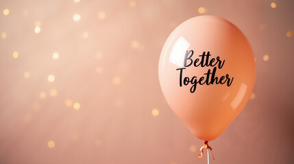 Obraz premium Peach balloon with 'Better Together' message floating in soft golden bokeh, symbolizing love, unity, and companionship for romantic and celebratory occasions.