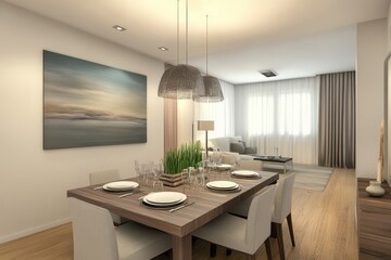 A clean, minimalist dining room with modern design and ample space for text or decoration