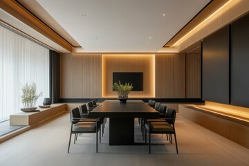 Modern minimalist dining room with sleek design, offering plenty of space for text or customization