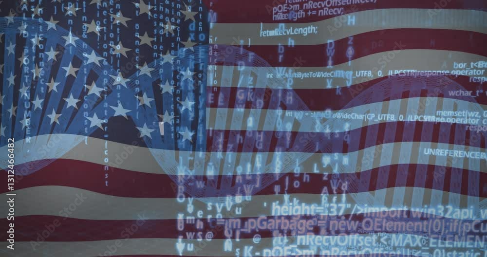 Poster animation of american flag with digital code, symbolizing cybersecurity in school setting