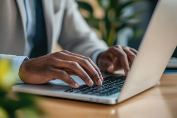 A businessmans hands typing on a laptop in a well-organized home office for work