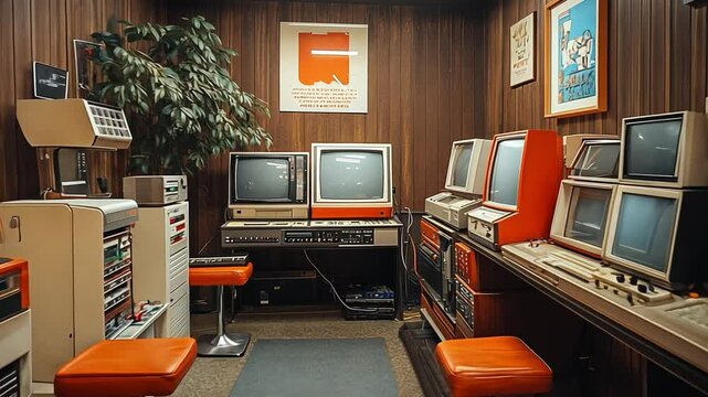 Retro Computing Center: A nostalgic view of a retro computing center, filled with vintage computers, screens, and equipment, showcasing the evolution of technology