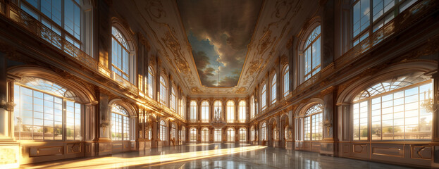 Obraz premium Palace ballroom with gardens visible through the window