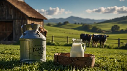Obraz premium Fresh milk in a vintage jug and metal container on a vibrant green farmland with grazing cows.