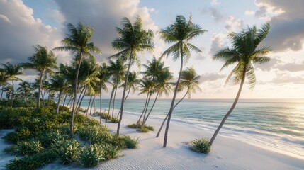 Naklejka premium Tropical beach sunset with palm trees, aerial view