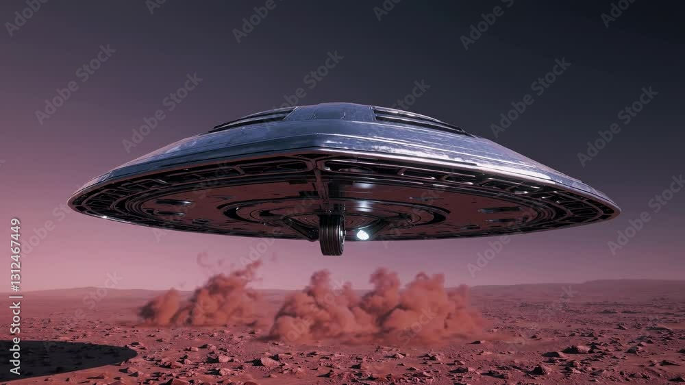 Poster a low-angle shot of a futuristic ufo hovering over a martian landscape, creating dust clouds. the sc