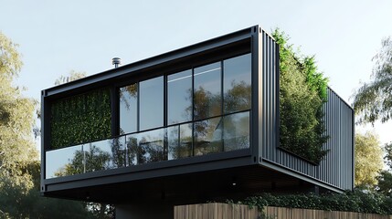 A contemporary container home with a black metal facade, large glass panels, and an integrated balcony with a green wall