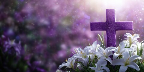 Colorful spring flowers and a purple cross represent renewal and faith during a religious celebration in nature's beauty