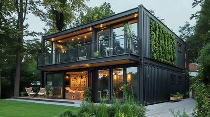 A contemporary container home with a black metal facade, large glass panels, and an integrated balcony with a green wall