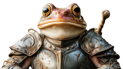 Medieval frog knight guarding with sword on transparent background