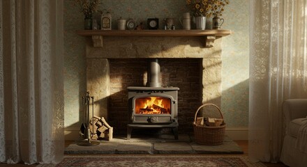 Cozy Fireplace with Burning Wood Stove Creating Warm Atmosphere Indoors