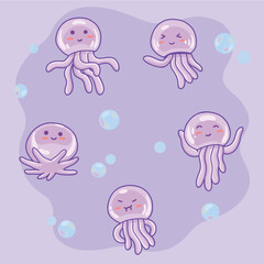 Cute Octopus Illustration with Various Expressions and Pose. Vector.