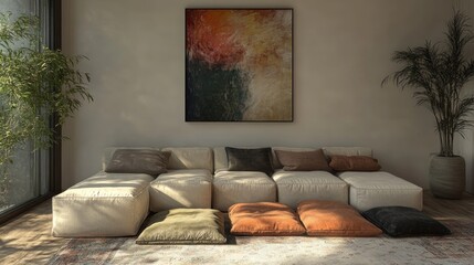 Modern living room with a modular couch and artwork