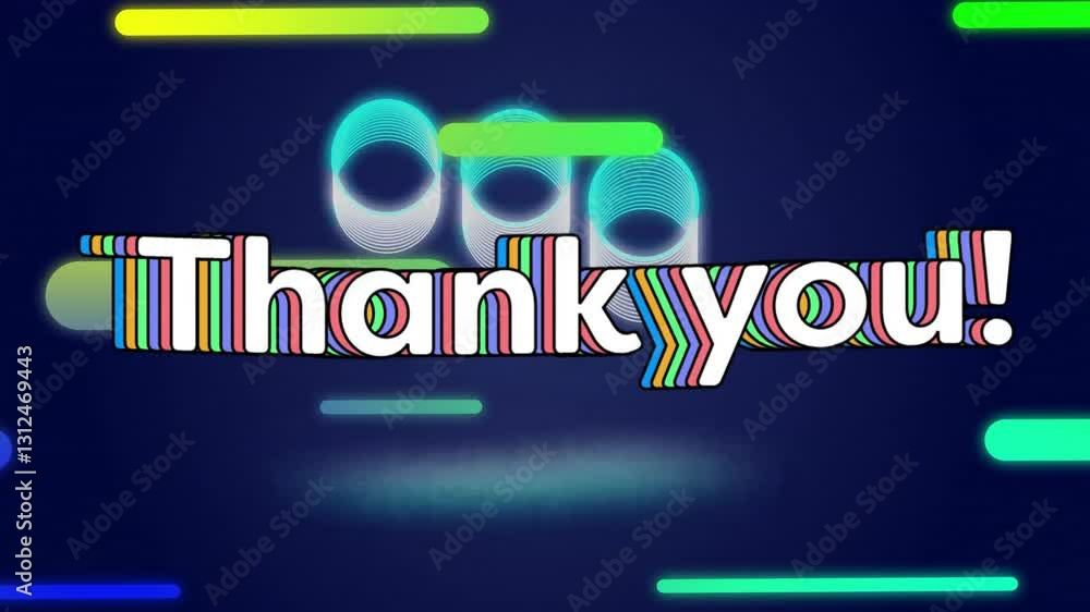 Poster colorful animation with thank you text and abstract shapes on dark background