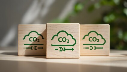 Three connected wooden blocks sit on a wooden surface, displaying a green cloud icon with "CO2" text and downward-pointing arrows painted