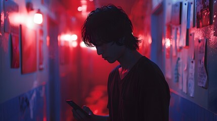 A man in a black shirt looks intently at his cell phone in a relaxed setting, his focus on the screen reflecting his engagement with the digital world while surrounded by a calm atmosphere
